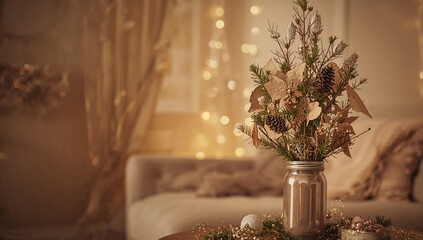 Minimalist holiday decor featuring a metal jar Christmas tree with lights, zero waste decoration practices, Christmas sustainability