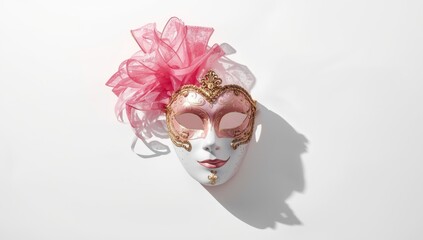 Pink Venice carnival mask facing forward, ideal for thematic event backdrop or artistic layout