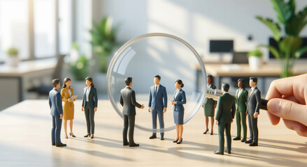 Hand holding magnifying glass searching among diverse business team figurines on a desk. Concept of HR recruitment, talent selection, and hiring process.