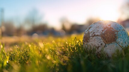 Old soccer ball on grass field during afternoon light in a park setting