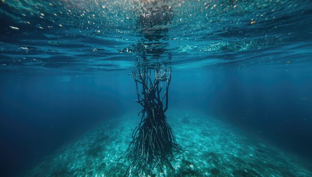 Specialized prop roots rising from the seafloor in a mangrove forest close to Flores, Indonesia, emphasizing marine habitat preservation, World Oceans Day