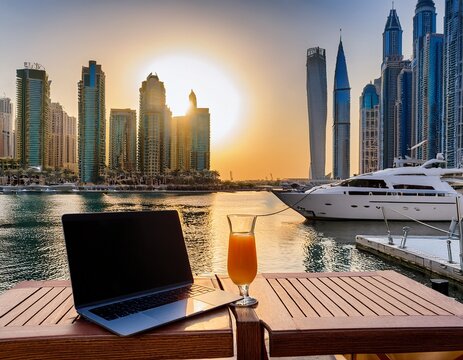 a photorealistic image of a modern outdoor cafe terrace in dubai marina overlooking yachts and water at sunrise a sleek table has a laptop notebook and a glass of fresh juice surrounding are clea