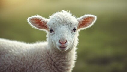 Fototapeta premium Close-up of a white lamb with blue eyes and pink nose, suitable for childrenâ€™s book illustrations