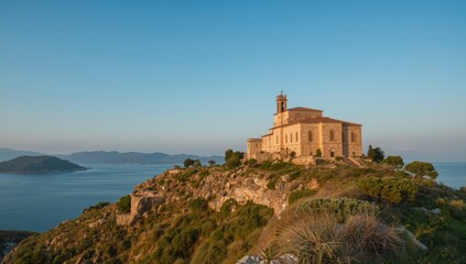 Eastern Orthodox monastery nestled on rocky terrain with historic stone structures, religious meditation setting