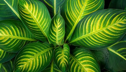 a top view of vibrant green leaves with yellow veins and water droplets the leaves are arranged in a circular pattern with rich colors and textures