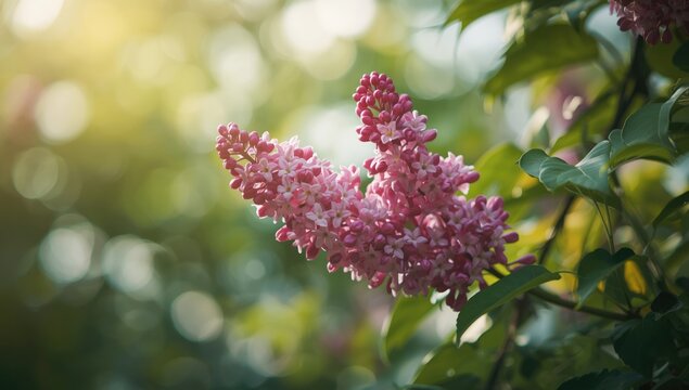 Pink Syringa microphylla blossoms on leafy branches in spring, highlighting seasonal flowering