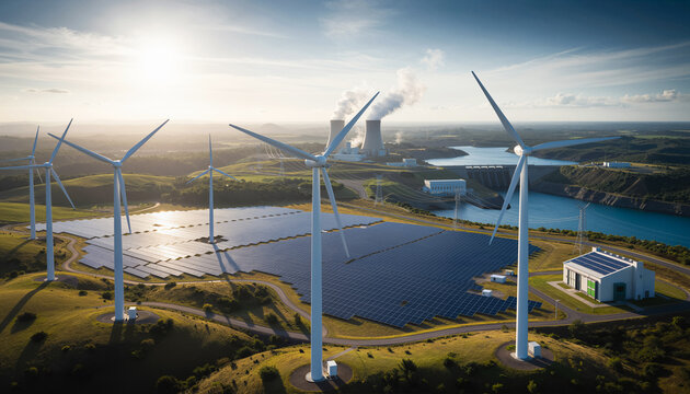 aerial view of a mixed energy sources. Modern wind turbines and solar panels with a nuclear power plant and hydroelectric dam, global energy transition and sustainability.