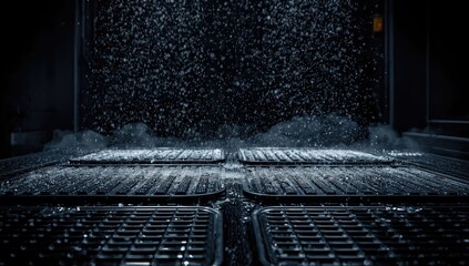 Closeup of water-soaked auto mats during vehicle cleaning, highlighting maintenance process on a black surface