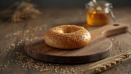 Sesame seed bread slices arranged on a rustic wooden board, ideal for a bakery display, World Bread Day