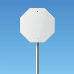 Vector 3d Blank Stop Sign Illustration. Empty Octagon Road Sign on Pole. White Traffic Sign Template, Street Signboard, Front View. Vector Illustration