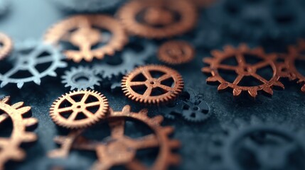 Many gears are scattered on a dark surface in various sizes