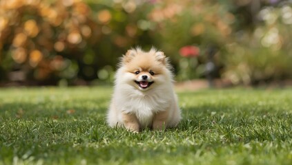 Small fluffy Pomeranian engaging outdoors, highlighting pet activity and breed characteristics