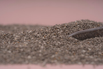 Chia seeds in a wooden bowl with a wooden spoon