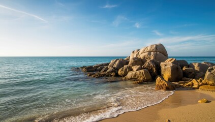 Rocky bay along a tranquil coastline with calm waters, ideal for editorial header backgrounds