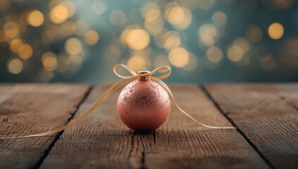 Decorative pink Christmas ornament on a wooden table with a soft-focus yellow and blue bokeh backdrop, festive setting, Christmas holiday