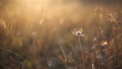 Delicate dry flowers with seed heads illuminated by autumn sunlight, highlighting natural plant decay
