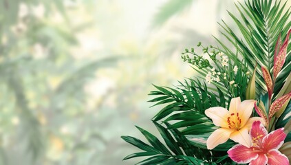 Colorful exotic orchids and palms arranged as a decorative botanical backdrop for layout or presentation, World Environment Day