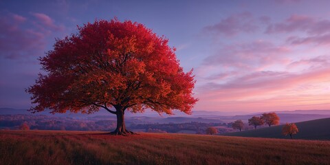 Fall foliage with a tree silhouetted against the dusk sky, highlighting seasonal transition.