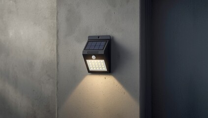 Motion sensor light with solar power technology attached to a concrete wall, energy efficiency and security measures