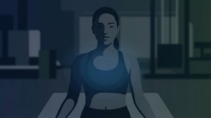 Fototapeta premium Woman in athletic wear practicing yoga meditation with serene expression and blurred urban background