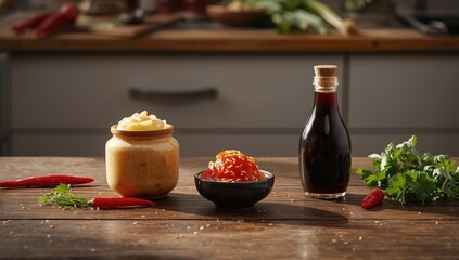 Korean ingredients like fermented soybean paste gochujang and soy sauce, highlighting fermentation and flavor profiles