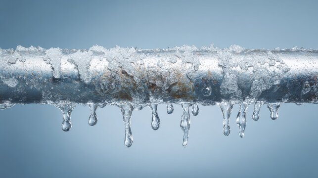 Closeup of icy frozen metal pipe with icicles and frost buildup on winter blue background