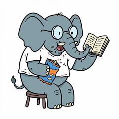 Cartoon elephant reading a book while enjoying a snack  