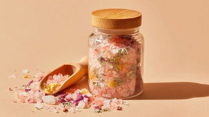 Jar of pink bath salt with dried herbs and flowers on neutral background with wooden scoop