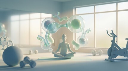 Person meditating in a gym surrounded by floating molecular structures and exercise equipment