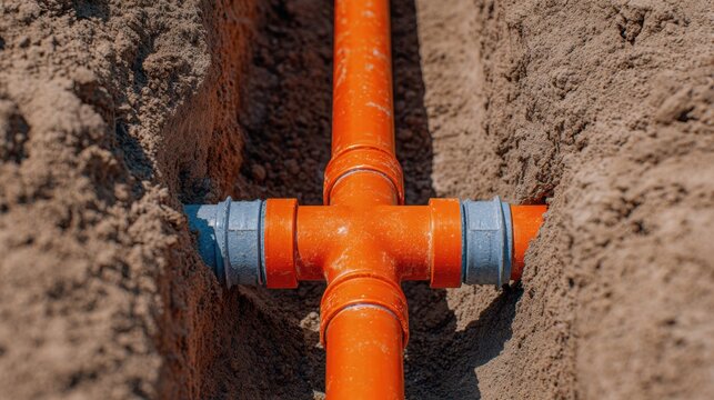 Underground orange PVC plumbing pipe with T-joint connector in construction trench