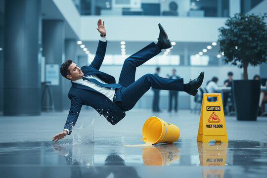 Businessman Slipping and Falling on a Wet Floor Near a Caution Sign in a Modern Corporate Office Lobby