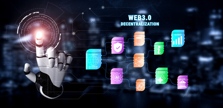 The role of AI in the Web 3.0 decentralization ecosystem. A flowchart showing AI connected with blockchain and decentralized finance. Motif - Powered by Adobe
