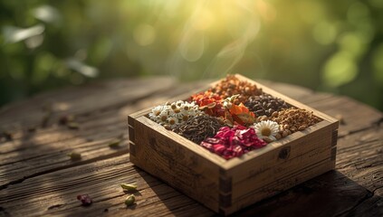 Tea selection in a wooden box, used as a UI backdrop for a beverage app, World Tea Day