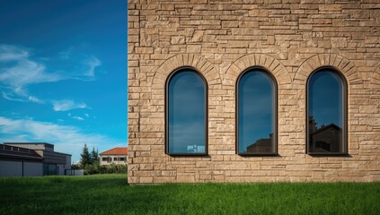 Stone wall with arched windows in a contemporary cityscape, architectural detail focusing on design features