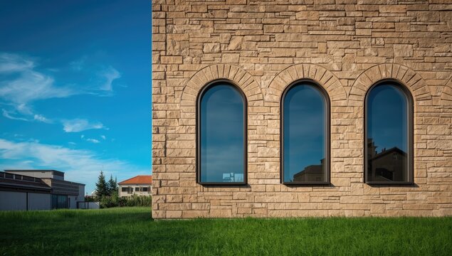 Stone wall with arched windows in a contemporary cityscape, architectural detail focusing on design features