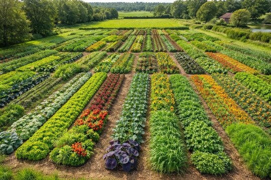 Drone image showing sustainable crop diversity using polyculture for healthy land