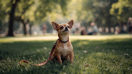 Small dog on a leash in an outdoor setting, showing anticipation and curiosity, suitable for pet activity backgrounds