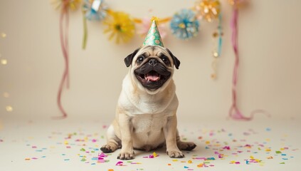 Pug puppy with a birthday hat and a cake, illustrating pet birthday festivities, Pet Appreciation Week