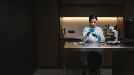 Scientist in a modern laboratory analyzing a sample with precision and focus
