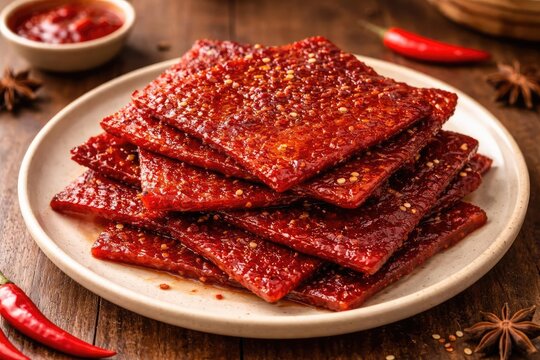 Delicious spicy Bak Kwa meat laid out on a simple flat plate