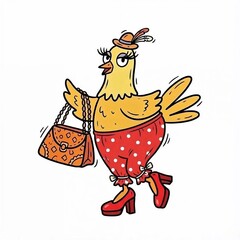 Cartoon chicken walking with handbag in fashionable outfit  