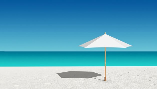 White beach umbrella with a wooden pole casts a shadow on a tranquil white sand beach beside the calm turquoise sea under a clear blue sky on a sunny summer day - Powered by Adobe