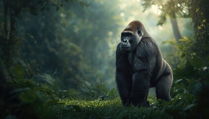 Adult black gorilla on green ground, highlighting natural habitat and muscular build