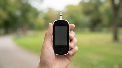 Hand holding a blood glucose meter with test strip inserted in a park setting