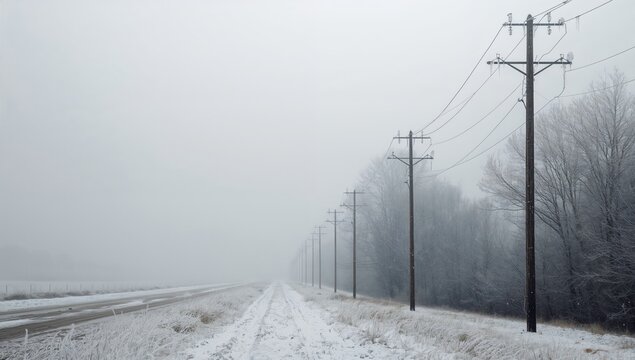 Electric transmission lines through snow-covered woodland, highlighting energy infrastructure in winter, Earth Day - Powered by Adobe