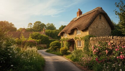 Fototapeta premium Traditional English cottage in a scenic village setting, used for heritage preservation projects
