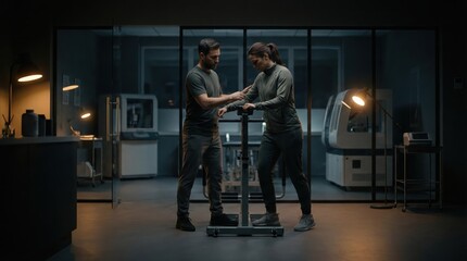 Two individuals collaborating on a mechanical device in a dimly lit workshop with modern equipment and lighting