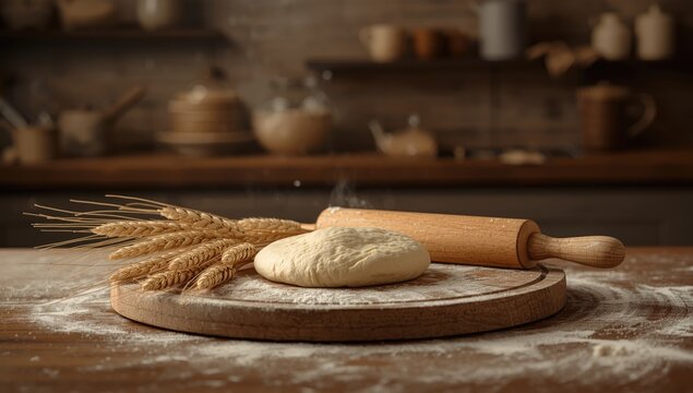 Unbaked bread dough on a wooden surface with wheat stalks and rolling pin, focusing on traditional baking techniques - Powered by Adobe