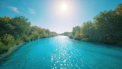 Wide blue river bordered by dense green foliage on a sunny day, illustrating riverine ecosystem health