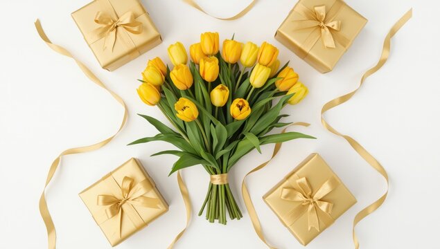Arrangement of yellow tulips and golden gift boxes with ribbons on a white backdrop, ideal for floral or holiday layouts